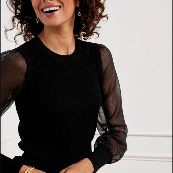 Talbots Sweaters - Talbots Womens Sheer Metallic Balloon Sleeve V-Neck Sweater Size L Black Holiday